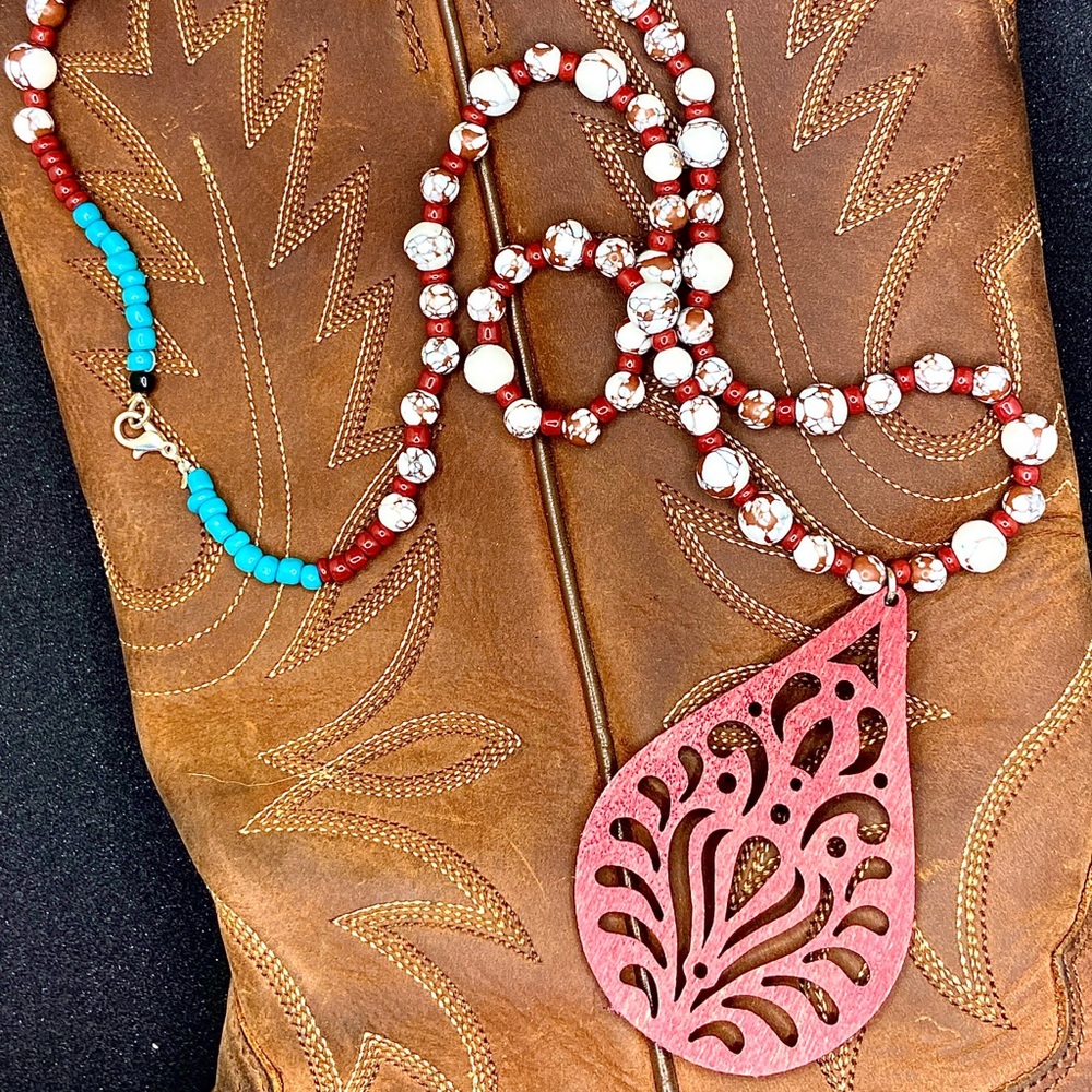 HANDMADE Red wood pendant necklace with cream and red beads.